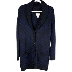 Alice + Olivia Scoop Black Blue Stripe Knit Wool Long Cardigan Sweater Sz Medium